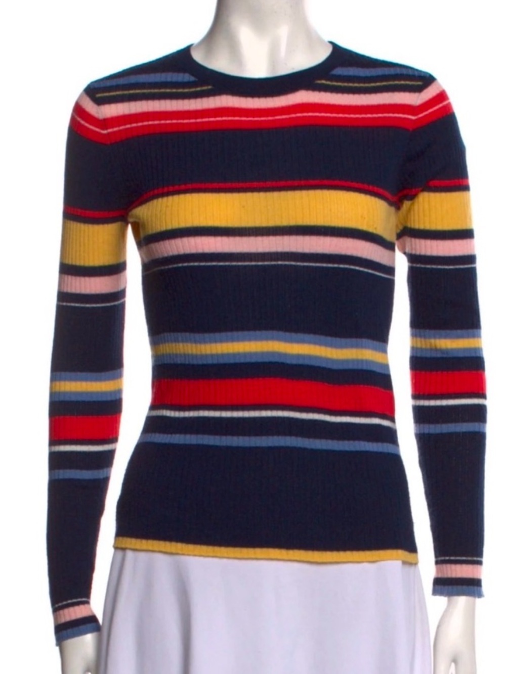 Frame Denim Navy Ribbed Crewneck Sweater with Red, Yellow, Pink and Blue Stripes